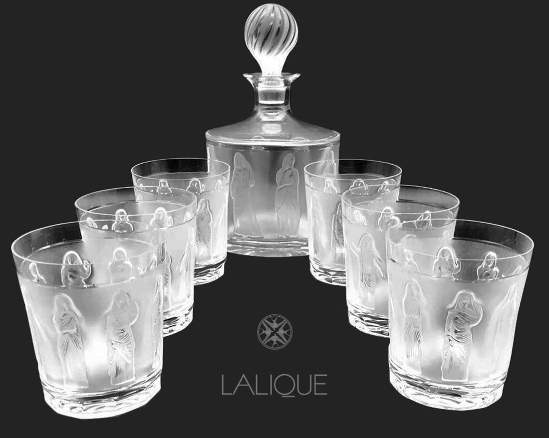 Artwork by René Lalique, A LALIQUE Femmes Crystal Set of Decanter & Tumblers, Signed, Made of frosted crystal