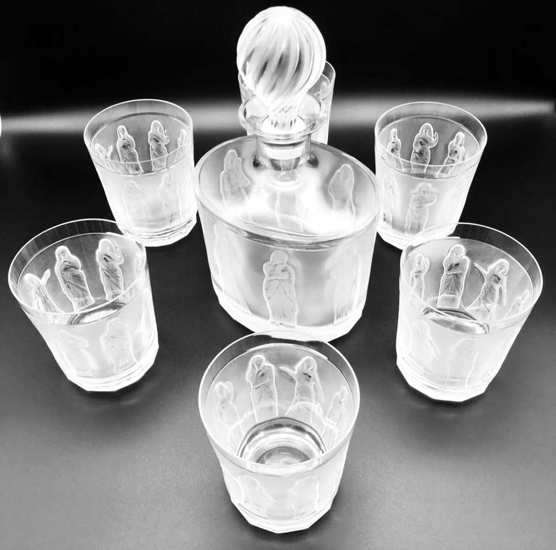 Artwork by René Lalique, A LALIQUE Femmes Crystal Set of Decanter & Tumblers, Signed, Made of frosted crystal