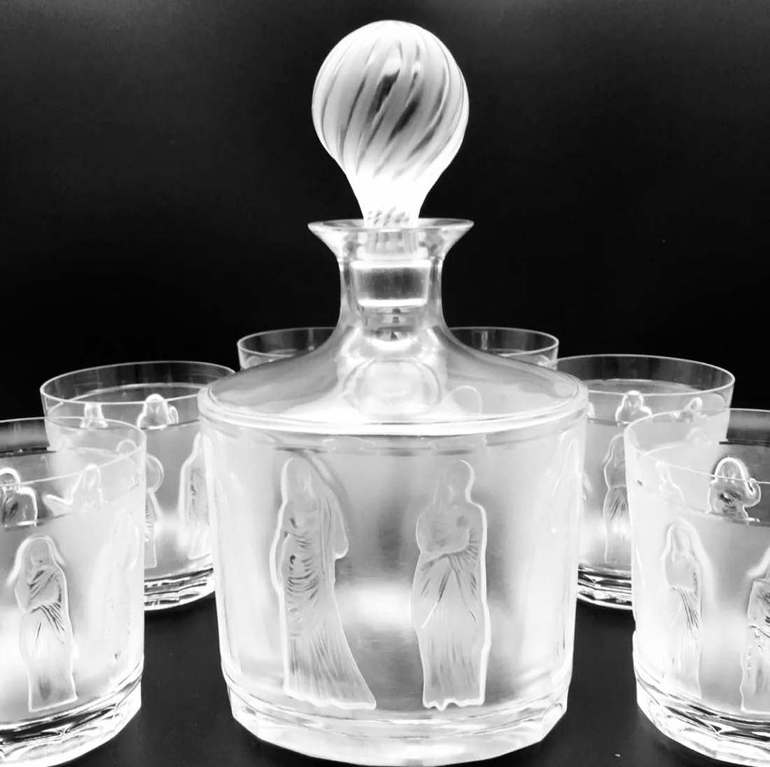 Artwork by René Lalique, A LALIQUE Femmes Crystal Set of Decanter & Tumblers, Signed, Made of frosted crystal
