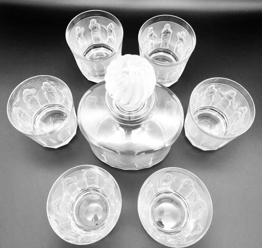 Artwork by René Lalique, A LALIQUE Femmes Crystal Set of Decanter & Tumblers, Signed, Made of frosted crystal