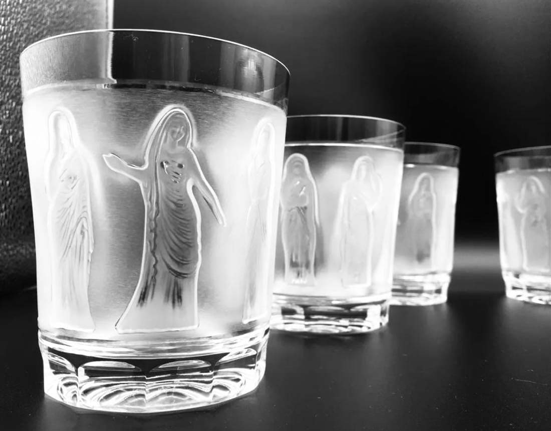 Artwork by René Lalique, A LALIQUE Femmes Crystal Set of Decanter & Tumblers, Signed, Made of frosted crystal