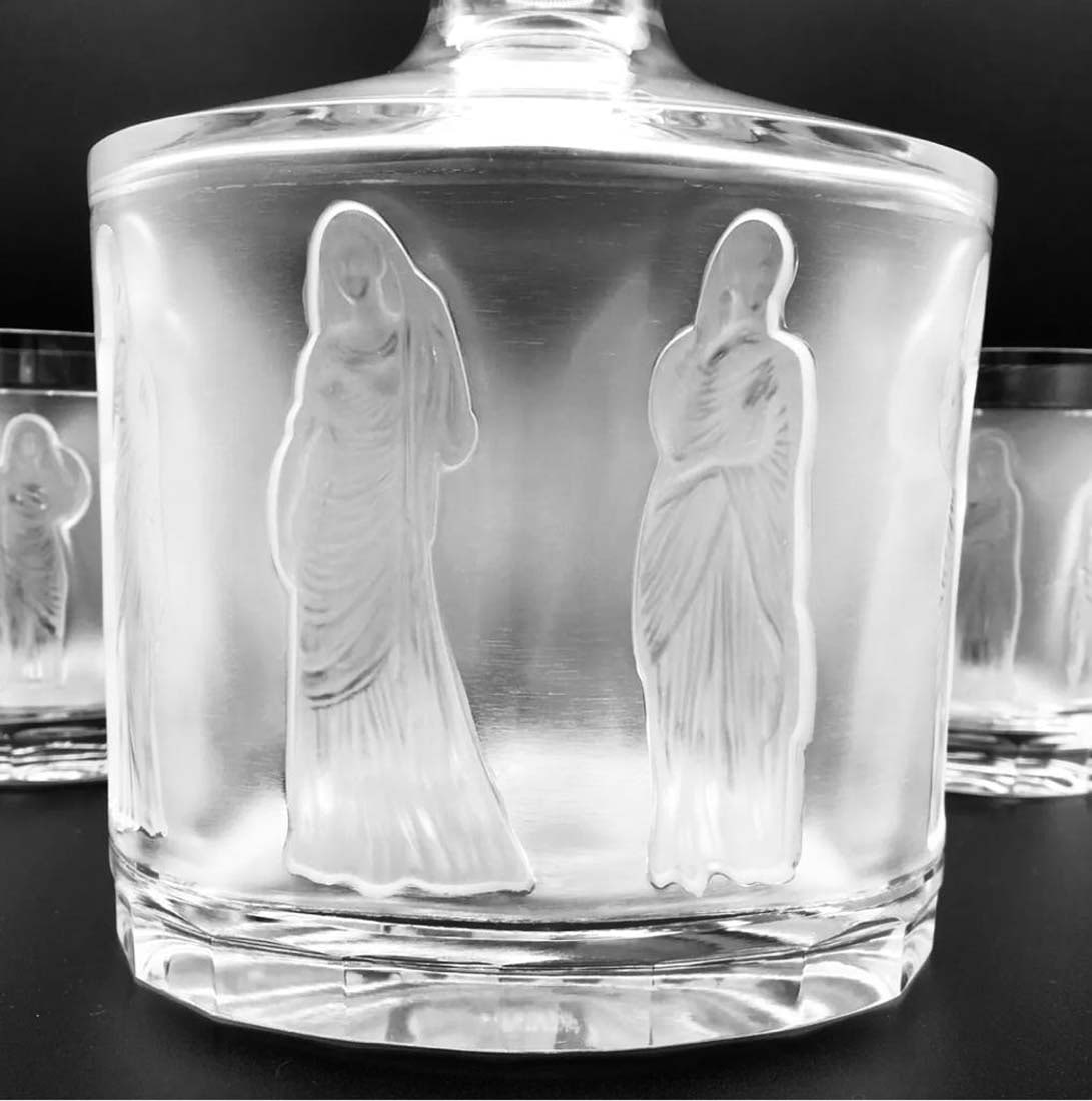 Artwork by René Lalique, A LALIQUE Femmes Crystal Set of Decanter & Tumblers, Signed, Made of frosted crystal