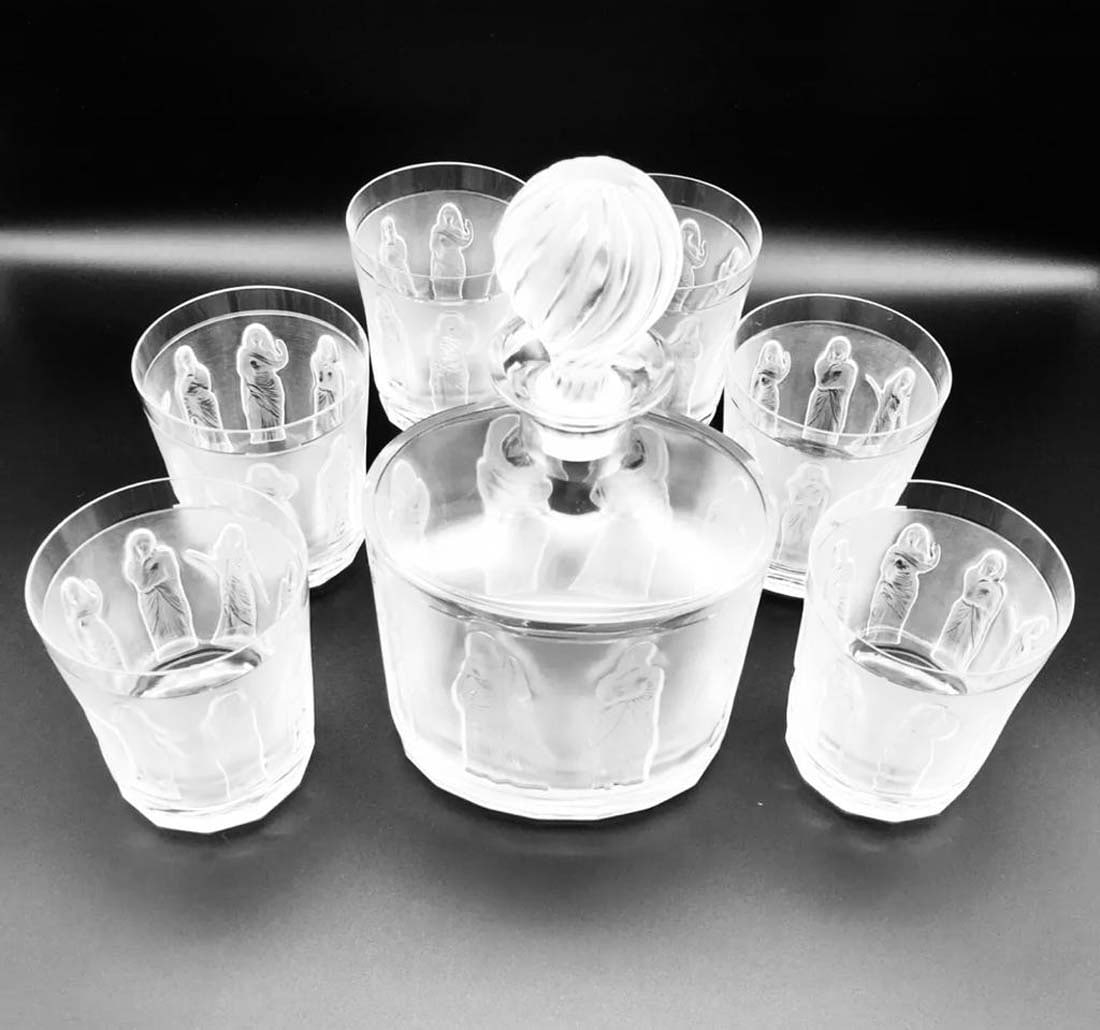 Artwork by René Lalique, A LALIQUE Femmes Crystal Set of Decanter & Tumblers, Signed, Made of frosted crystal