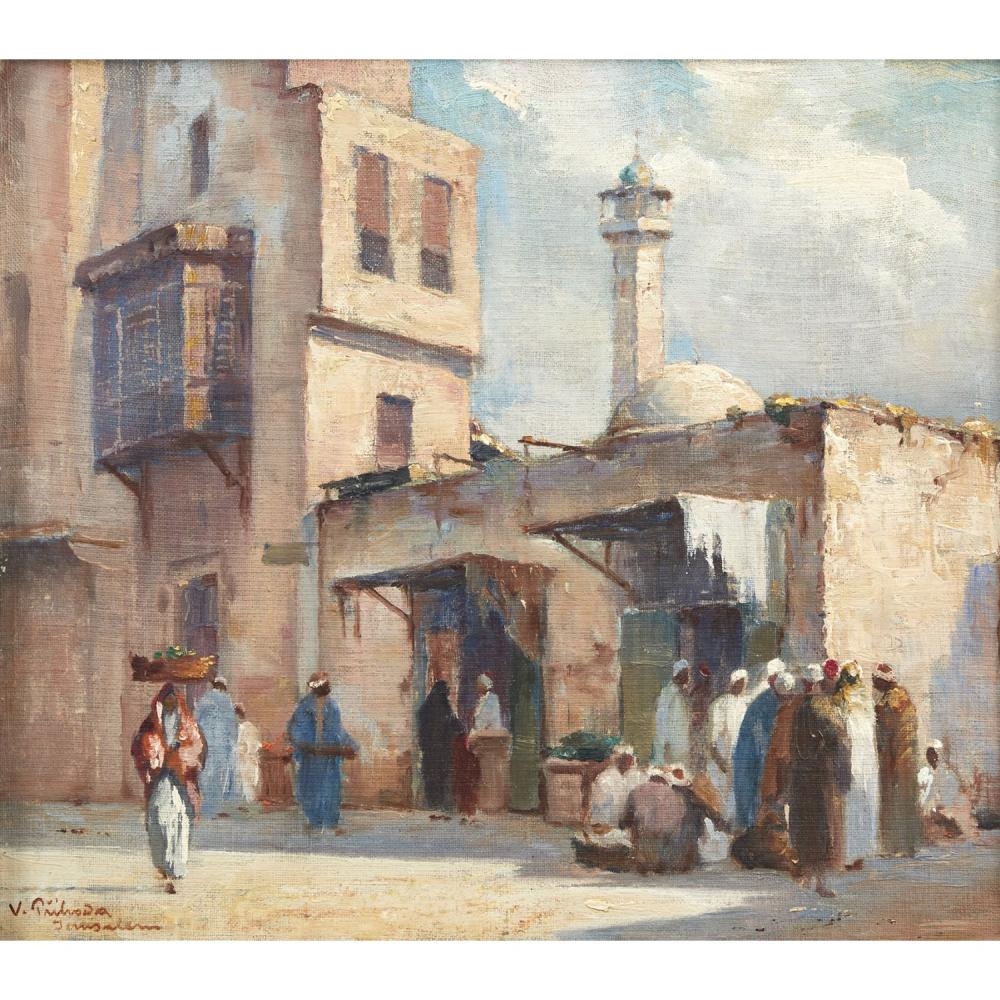 Artwork by Václav Příhoda, ANIMATED STREET IN JERUSALEM, Made of oil on canvas mounted on cardboard