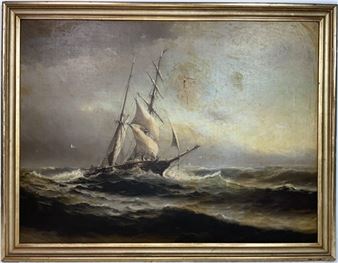 Brigantine under shortened sail in heavy seas - Theodore Victor Carl Valenkamph