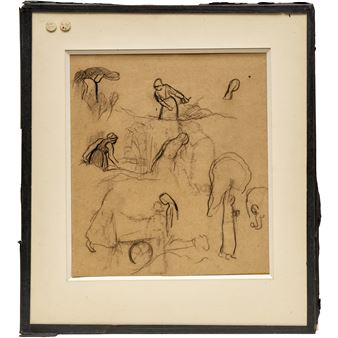 figure study sketches of Breton women on brown paper