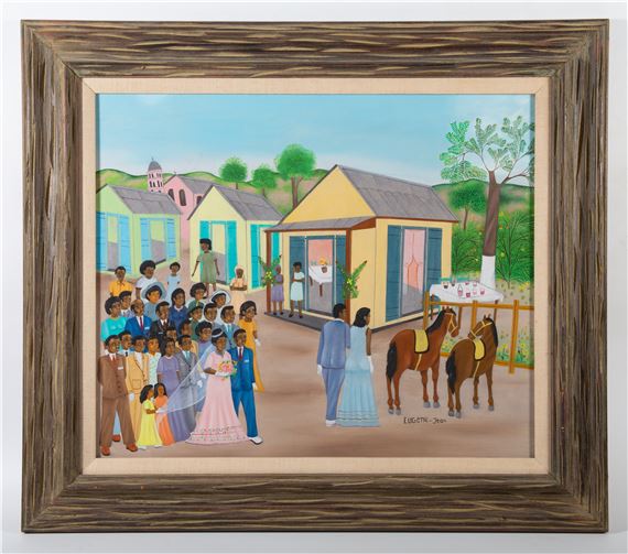 Wedding procession; oil on masonite; signed lower right; normal wear; matted and framed; 20" x 24" - Eugene Jean
