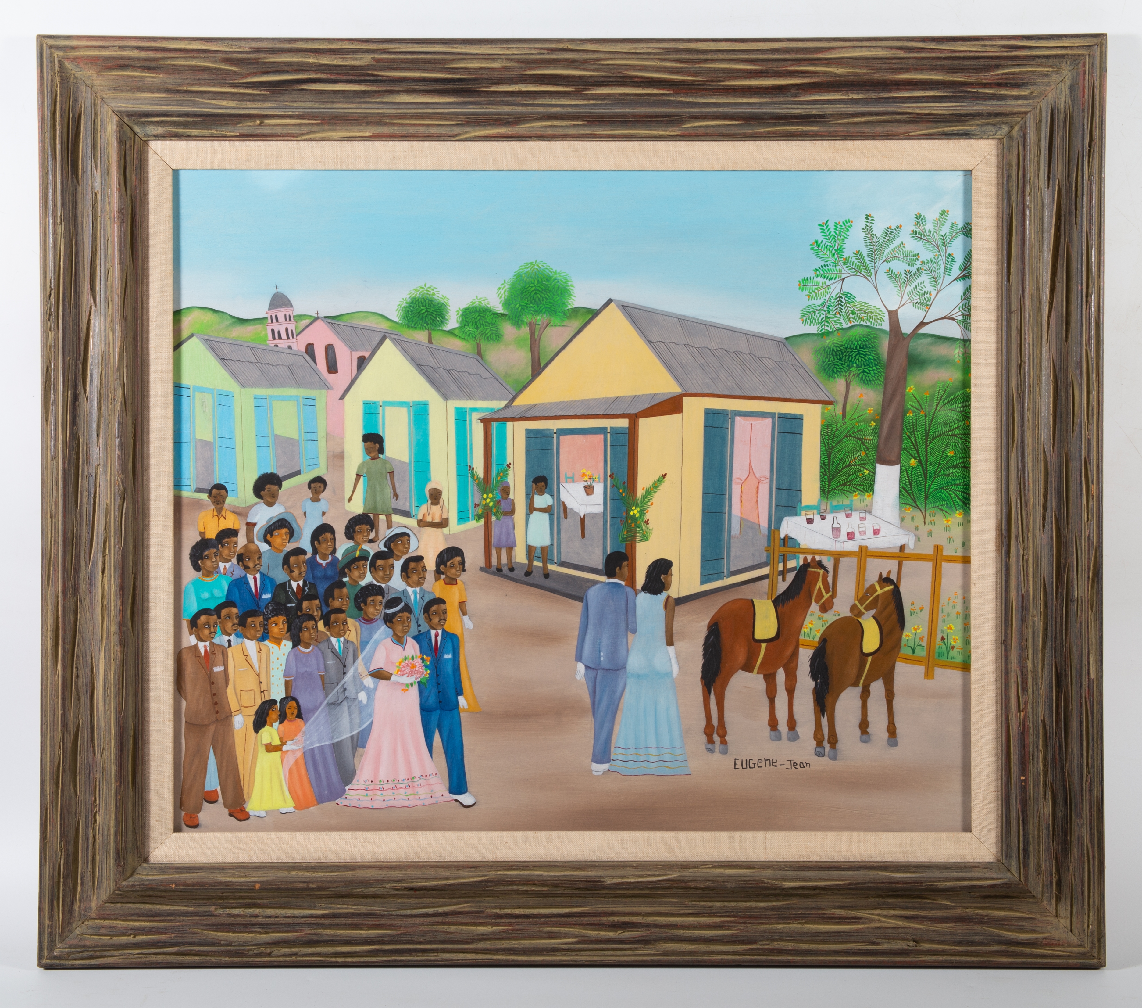 Artwork by Eugene Jean, Wedding procession; oil on masonite; signed lower right; normal wear; matted and framed; 20" x 24", Made of oil on masonite