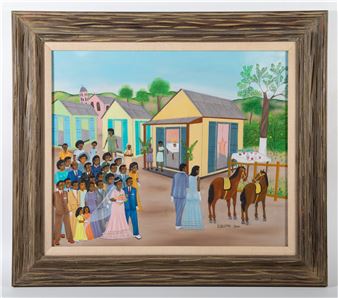 Wedding procession; oil on masonite; signed lower right; normal wear; matted and framed; 20" x 24" - Eugene Jean