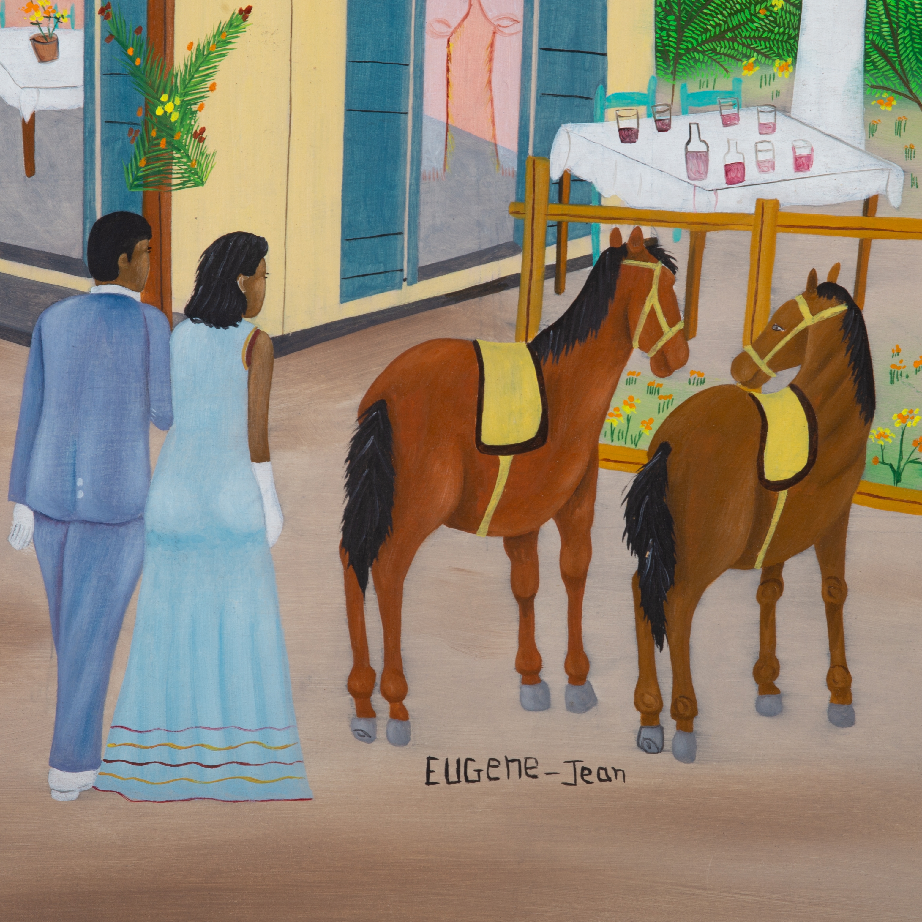 Artwork by Eugene Jean, Wedding procession; oil on masonite; signed lower right; normal wear; matted and framed; 20" x 24", Made of oil on masonite