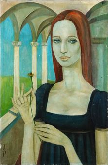 A portrait of a figure with red hair holding a flower against an architectural background.