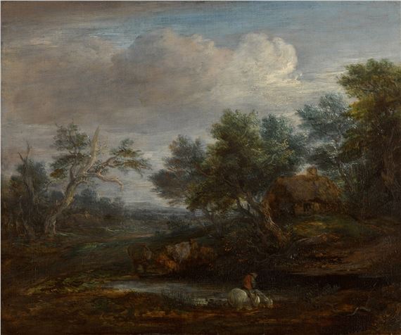Wooded landscape with a mounted figure on a horse drinking at a pool, a thatched cottage beyond by Thomas Gainsborough