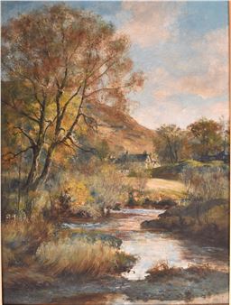 A serene landscape painting of a stream flowing through autumnal woods with distant hills and a small house.