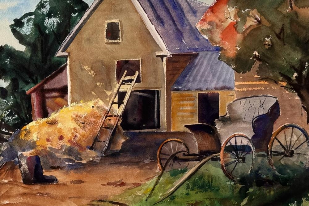 Artwork by Mary Bryan, Hay Barn and Carriage, Made of Watercolor on paper