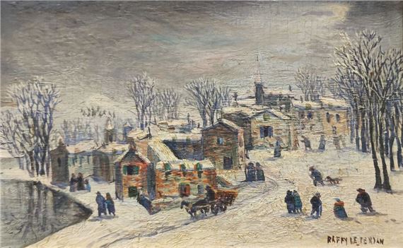 Winter landscape of a busy village - Jean Raffy le Persan