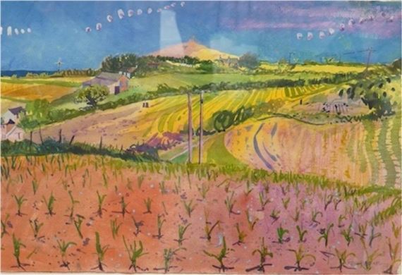 A vibrant watercolor landscape of rolling fields under a bright sky.