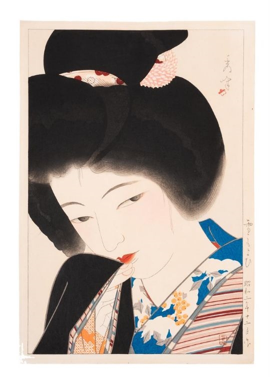 Artwork by Shuho‏ Yamakawa, Approaching Snow (Yuki moyoi, Made of woodblock print