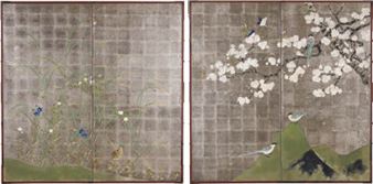 Flowers and birds (a pair of 2-panel byobu screens - Anzanshi Tanaka