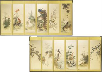 Flower and bird (a pair of 6-panel byobu screens) - Niimura Ryosui