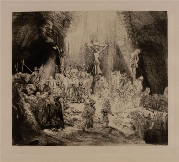 'Christ Crucified Between Two Thieves', etching. Matted and framed with COA to verso. by Amand Durand