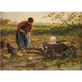 PEASANT WOMAN WITH WHEELBARROW AND CHILD - Jan Zoetelief Tromp