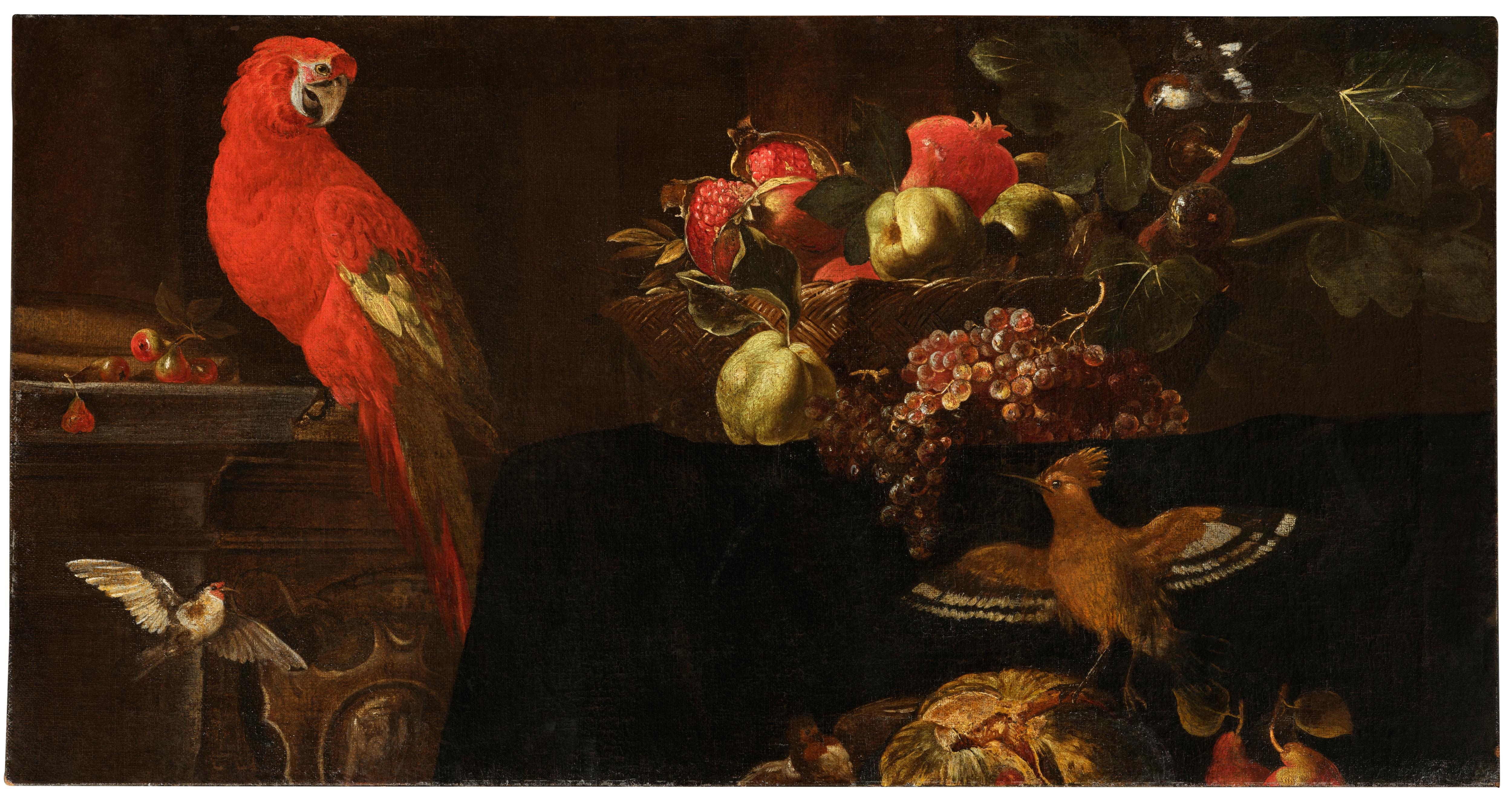 Artwork by Roman School, 17th Century, A parrot, goldfinches, a jay and a basket with pomegranates, quinces and figs, Made of oil on canvas