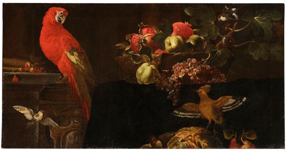 A parrot, goldfinches, a jay and a basket with pomegranates, quinces and figs by Roman School, 17th Century, 17th Century