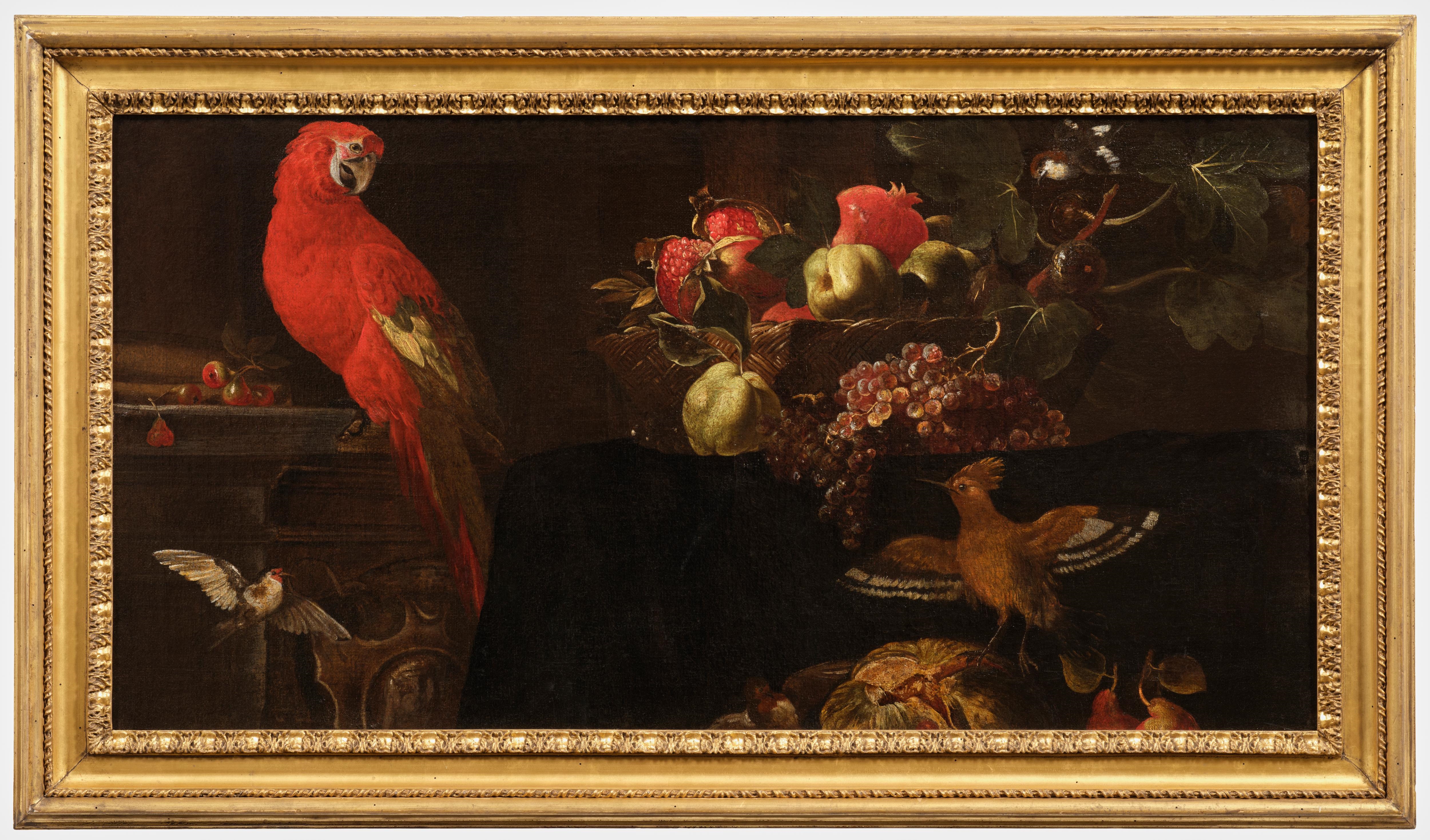 Artwork by Roman School, 17th Century, A parrot, goldfinches, a jay and a basket with pomegranates, quinces and figs, Made of oil on canvas
