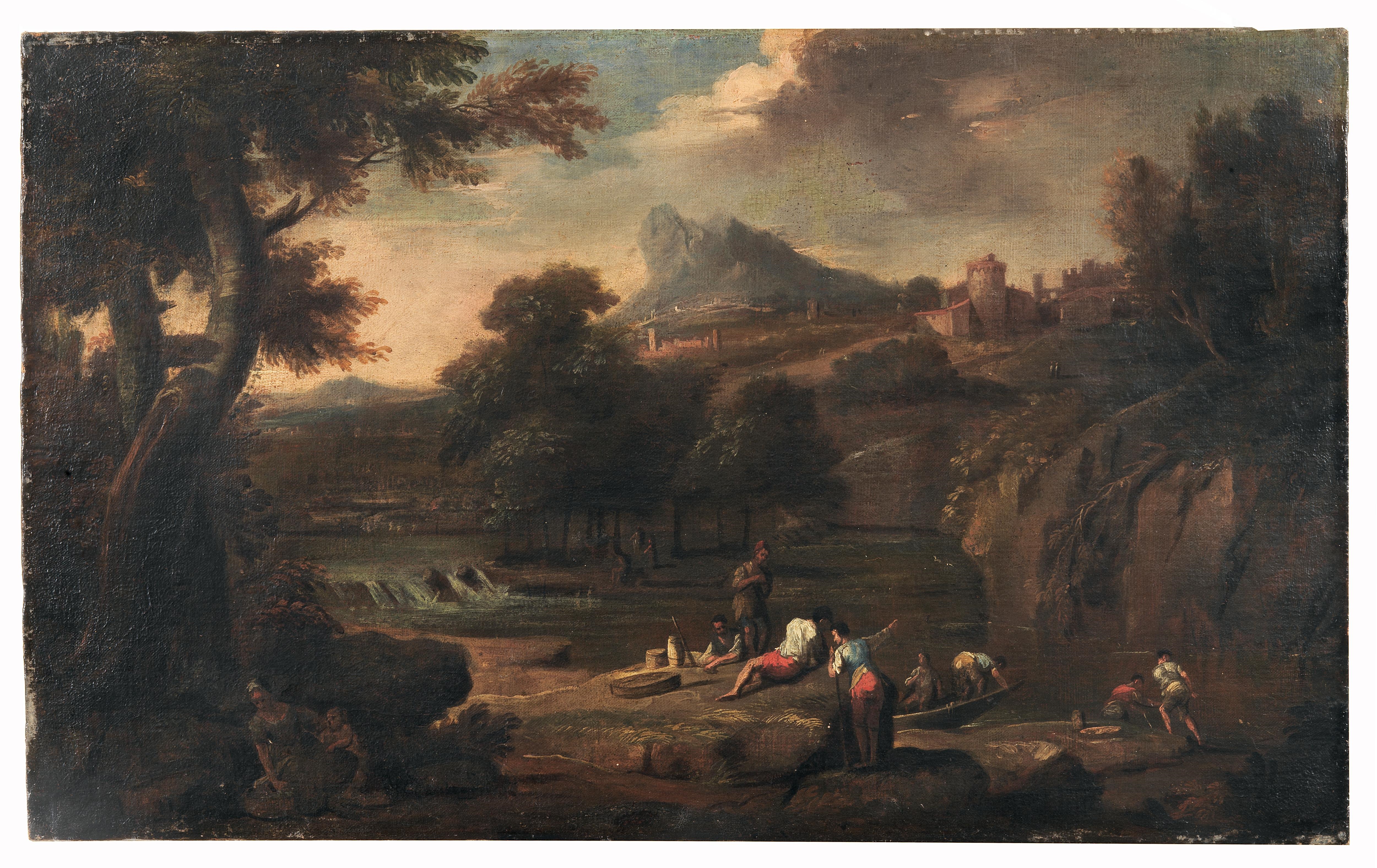 Artwork by Roman School, 17th Century, A river landscape with fishermen, a village beyond, Made of oil on canvas