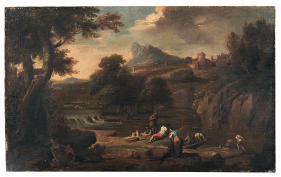 A river landscape with fishermen, a village beyond