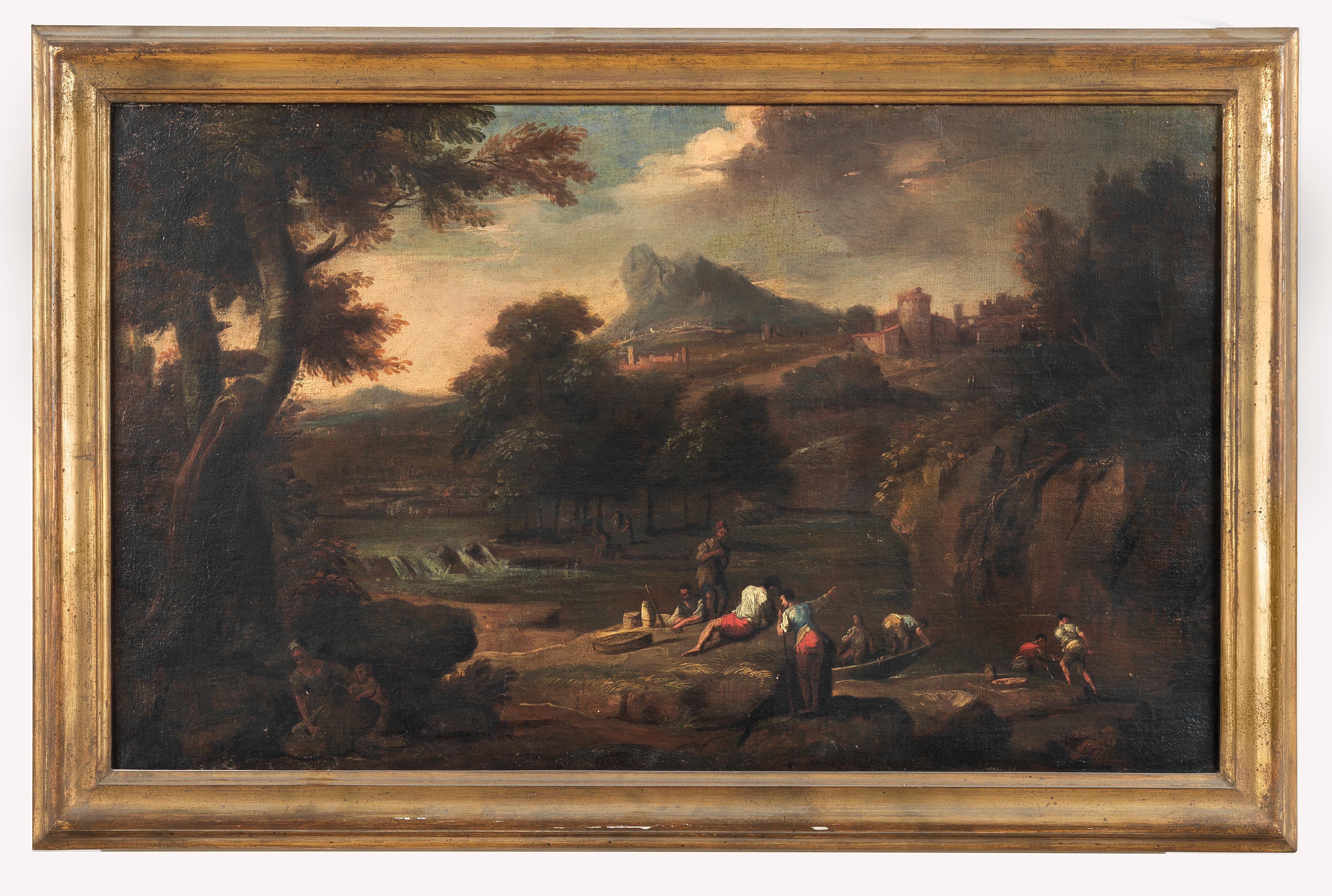 Artwork by Roman School, 17th Century, A river landscape with fishermen, a village beyond, Made of oil on canvas
