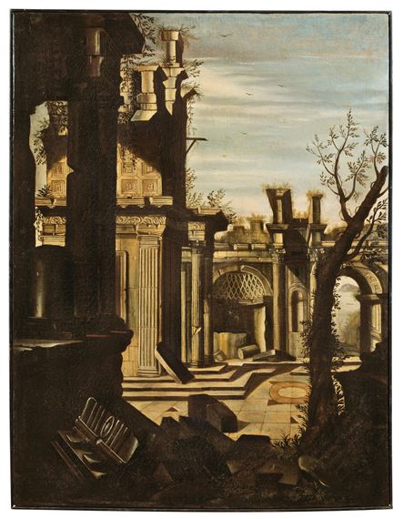 A capriccio with Roman ruins by Roman School, 17th Century, 17th Century