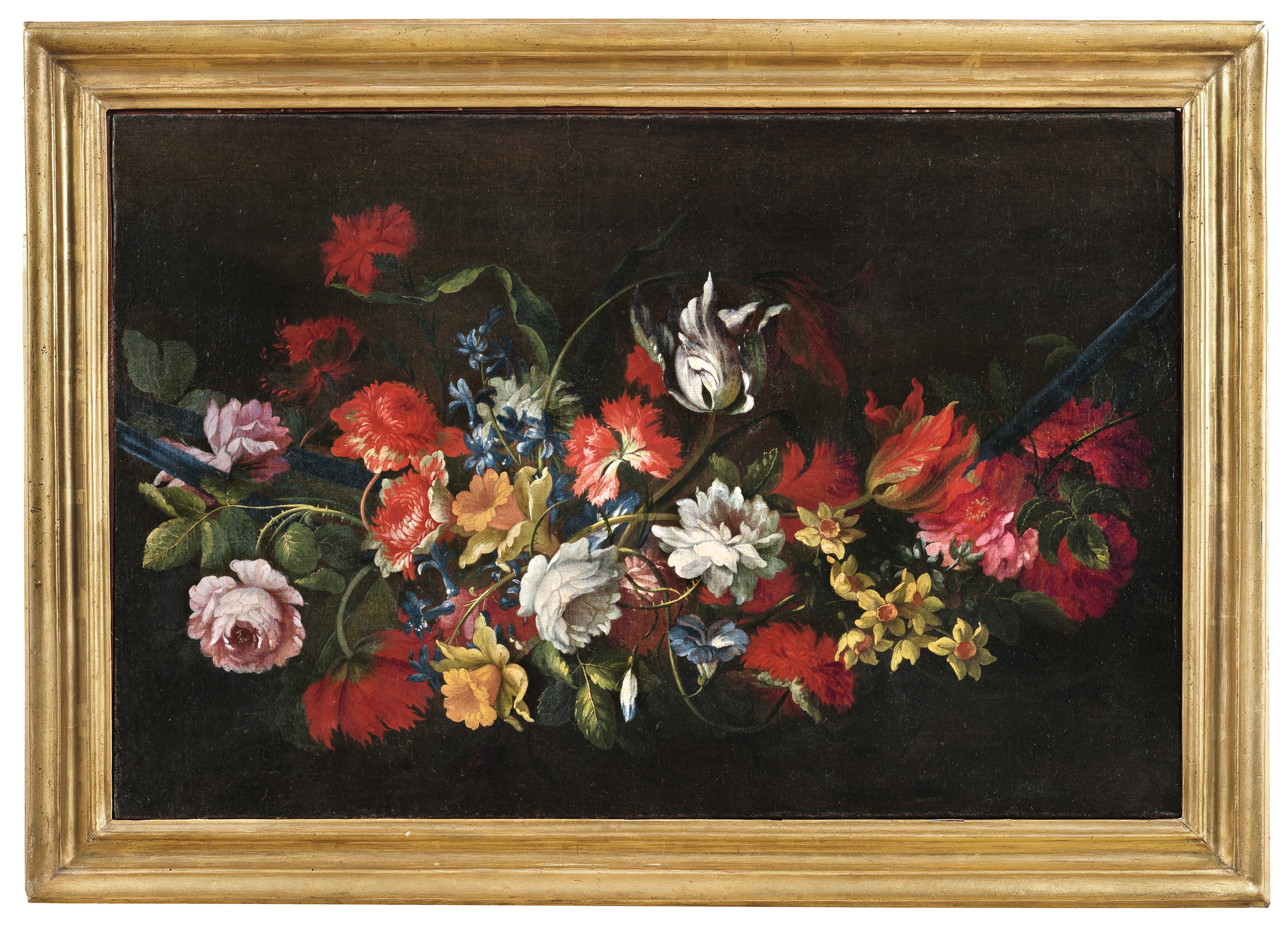 Artwork by Roman School, 17th Century, Tulips, double anemones, roses, hyacinths, peonies, daffodils and morning glories, Made of oil on canvas