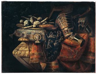 A plate of sweets on a finely decorated cushion - Antonio Tibaldi