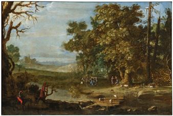 A river landscape with dancing and music making figures - Pierre Patel