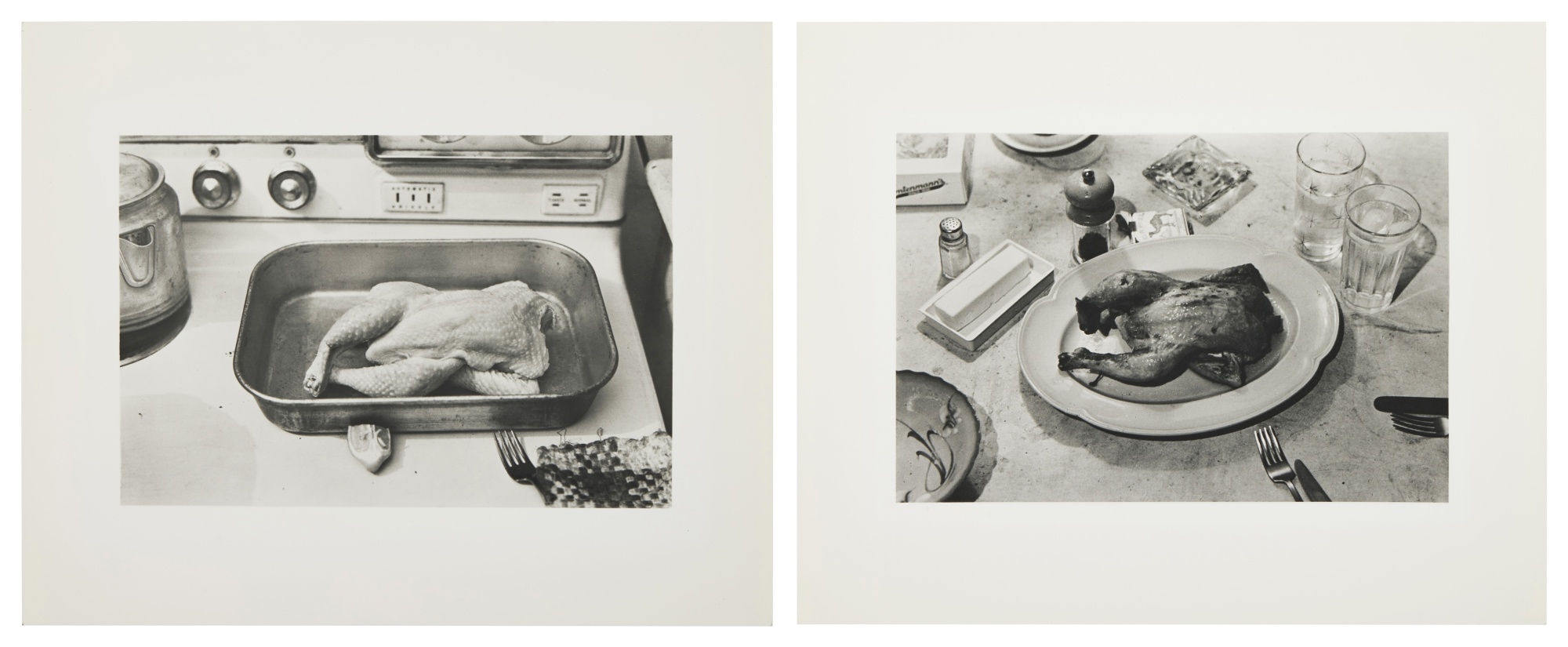 Artwork by Robert Gober, i. Untitled (Uncooked Chicken); ii. Untitled (Cooked Chicken) [2 Works, Made of black and white photograph