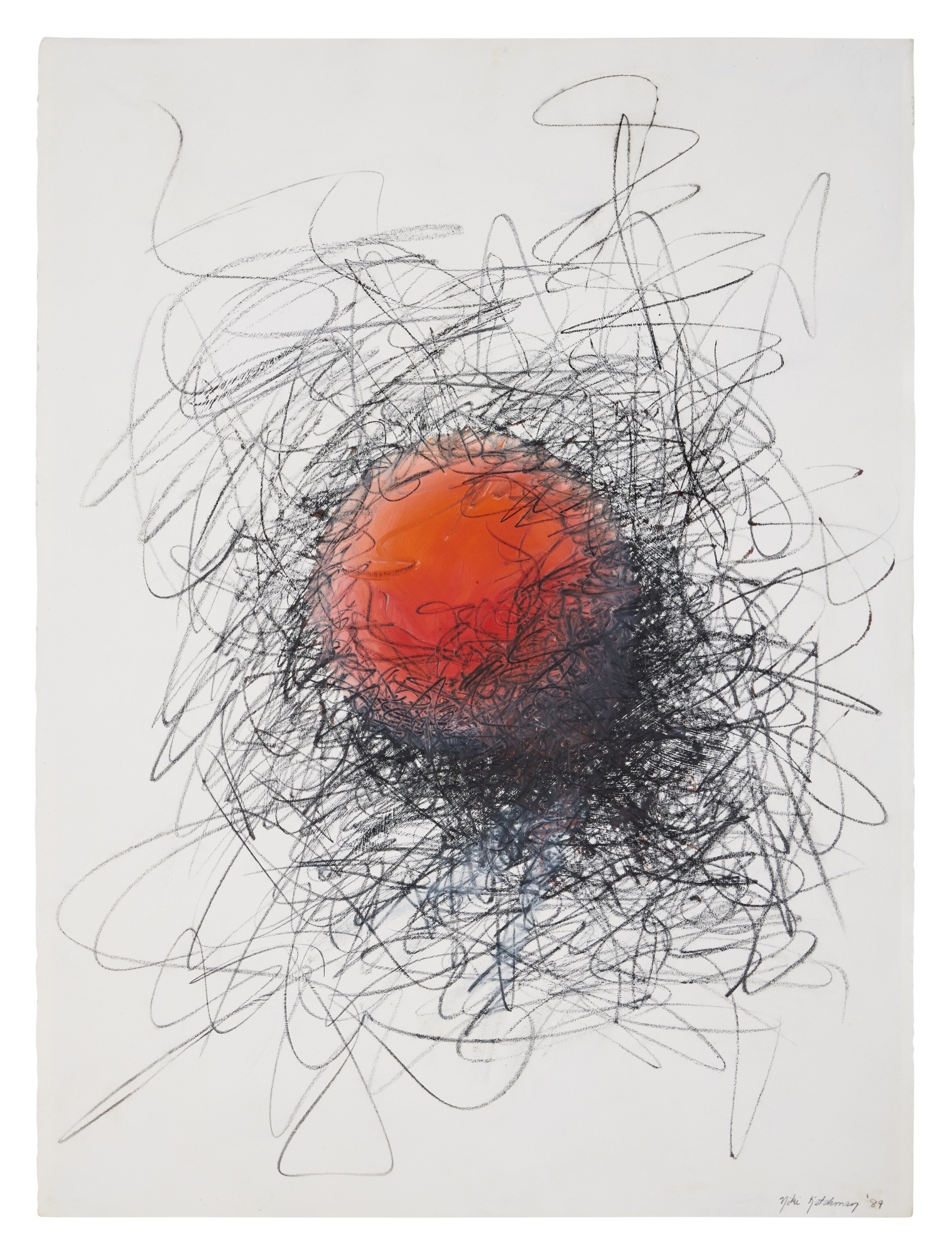Artwork by Niki Ketchman, Red Sphere, Made of oil and charcoal on paper mounted
