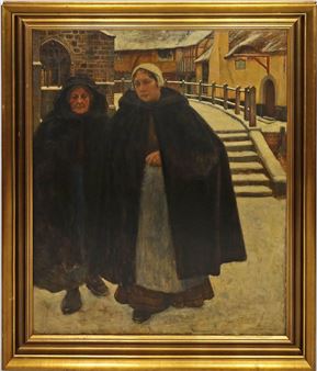 Verschneite Altstadtgasse mit zwei Frauen vor einer Kirche - Claus Meyer