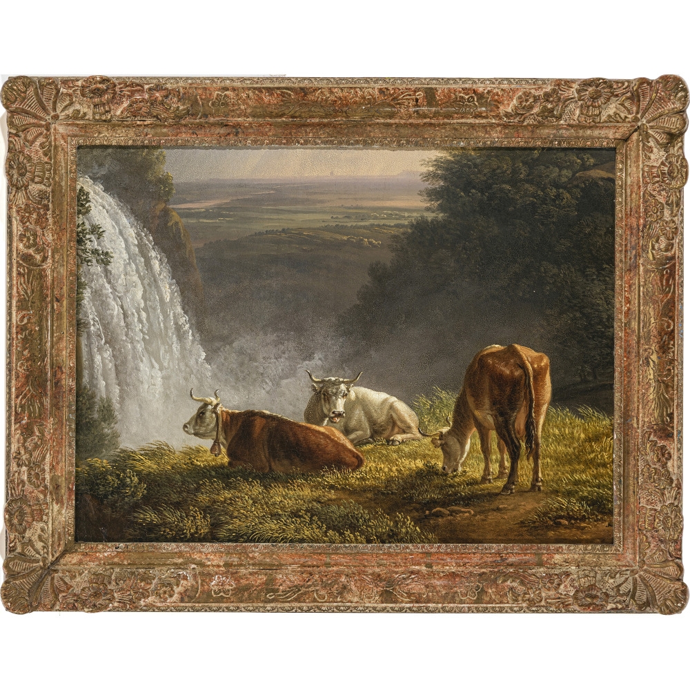 Artwork by Simon-Joseph-Alexandre-Clément Denis, Cows in front of a waterfall, Made of Oil on canvas mounted on cardboard