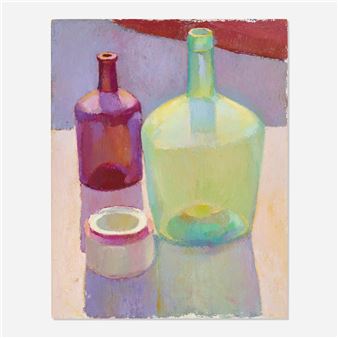 A colorful still life painting of three glass bottles on a light surface.