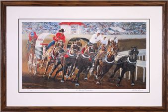 A framed print of a harness racing scene with horses and drivers in motion.