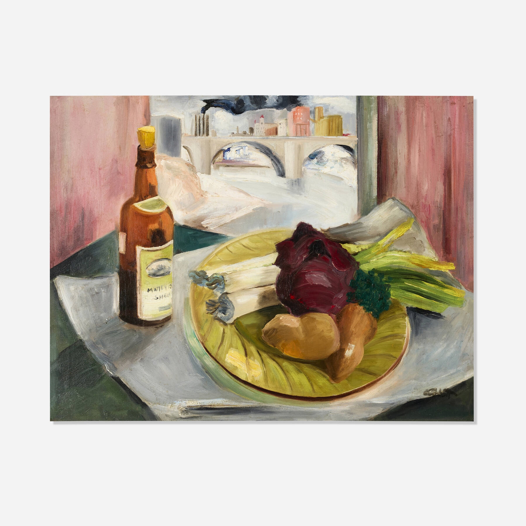 Artwork by Emily Abbott Nordfeldt, Still Life with a City View, Made of oil on canvas