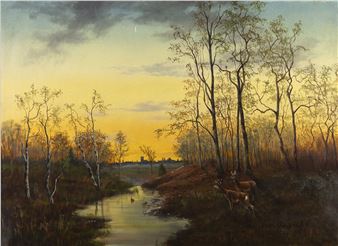 Blick über ein abendliches Moor auf München - Max Bumüller