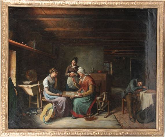 La tireuse de cartes, village scene by Louis Aimé Grosclaude, 1839