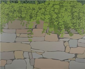 A flat, graphic illustration of a stone wall with overhanging green foliage.