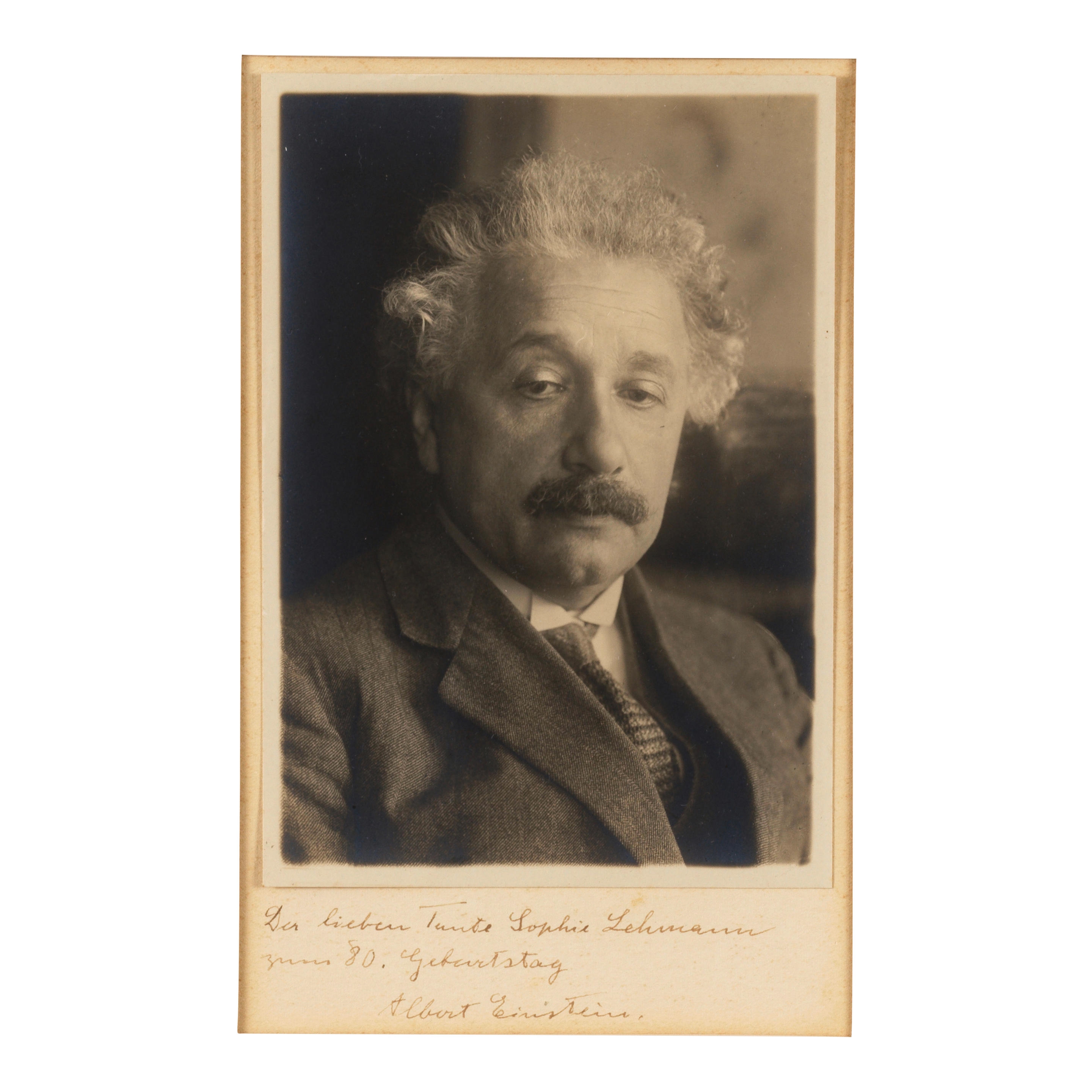 Artwork by John Graudenz, Original portrait photograph of Einstein at 50, inscribed in the mount, in German, "For beloved Aunt Sophie Lehmann on her 80th birthday, Made of white gelatin silver print
