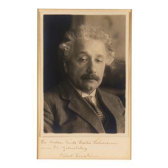 Original portrait photograph of Einstein at 50, inscribed in the mount, in German, "For beloved Aunt Sophie Lehmann on her 80th birthday - John Graudenz