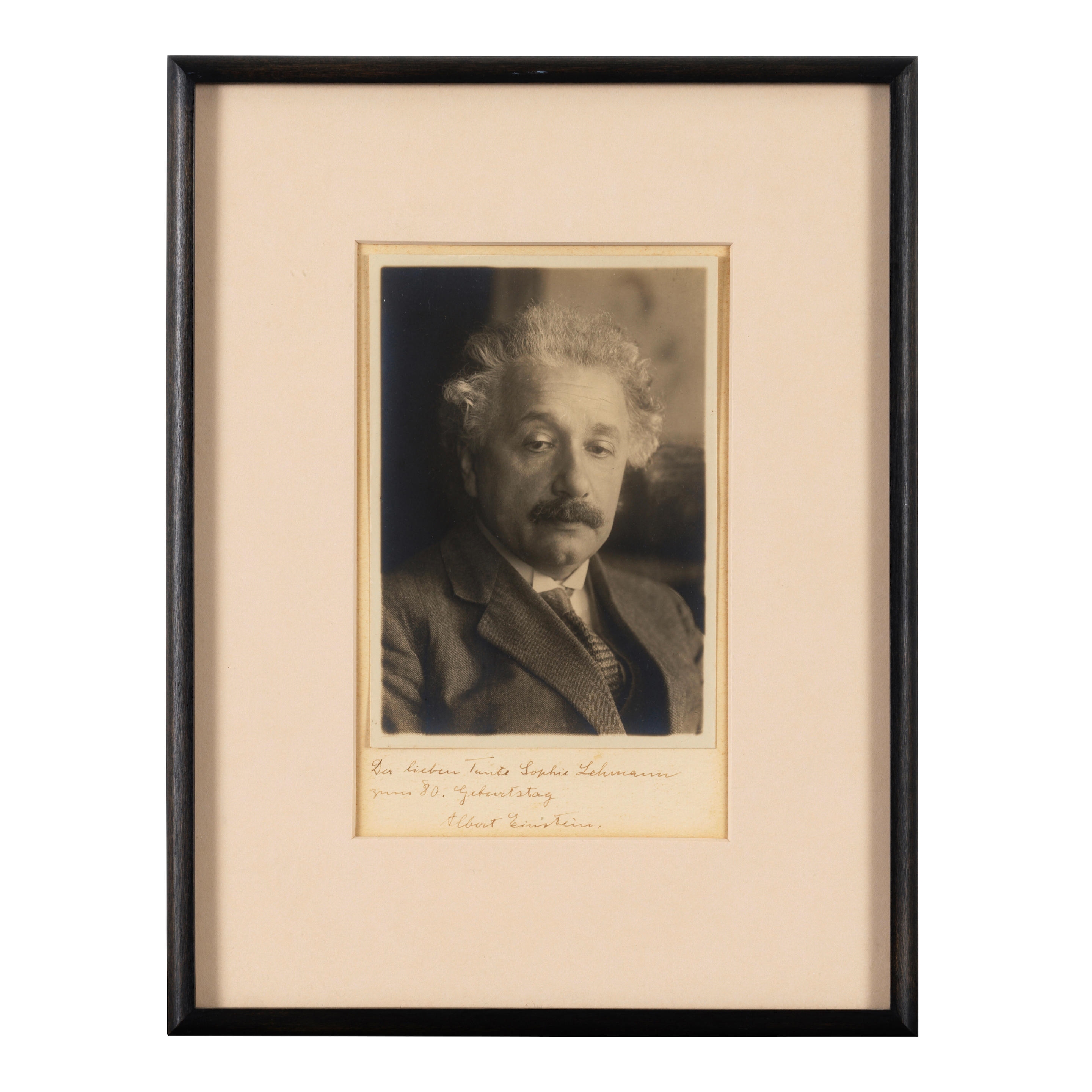 Artwork by John Graudenz, Original portrait photograph of Einstein at 50, inscribed in the mount, in German, "For beloved Aunt Sophie Lehmann on her 80th birthday, Made of white gelatin silver print