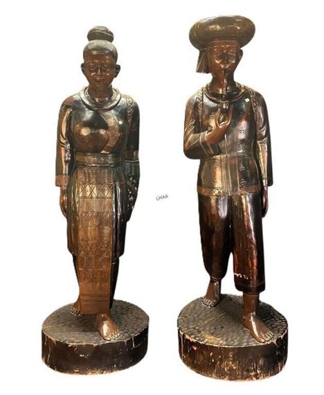 Asian School | ASIAN MALE AND FEMALE WOOD CARVED FIGURES | MutualArt