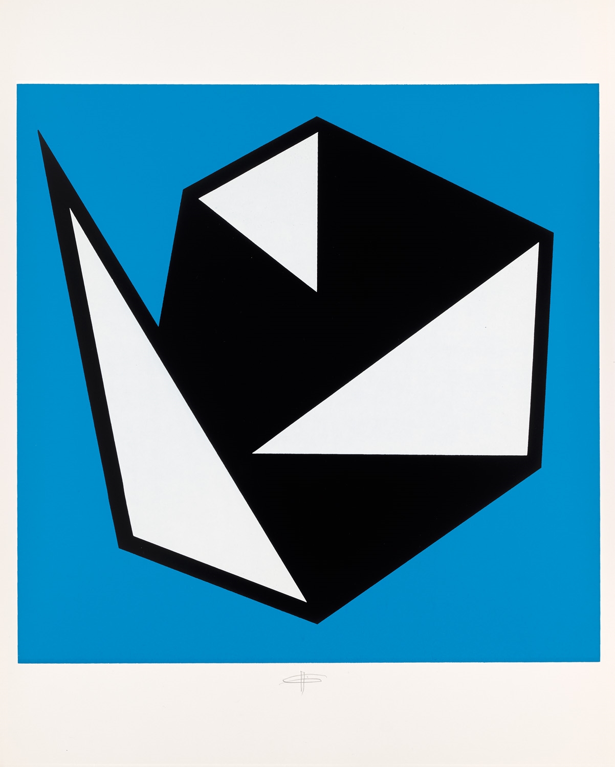 Artwork by Hermann Glöckner, Drei weiße Dreiecke, Schwarz über Blau, Made of color serigraph on vellum